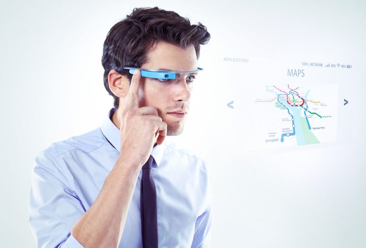 Smart glasses, business man and map hologram app for navigation, journey or travel to location. Future tech, online or augmented reality for guide, direction or destination on white studio background.